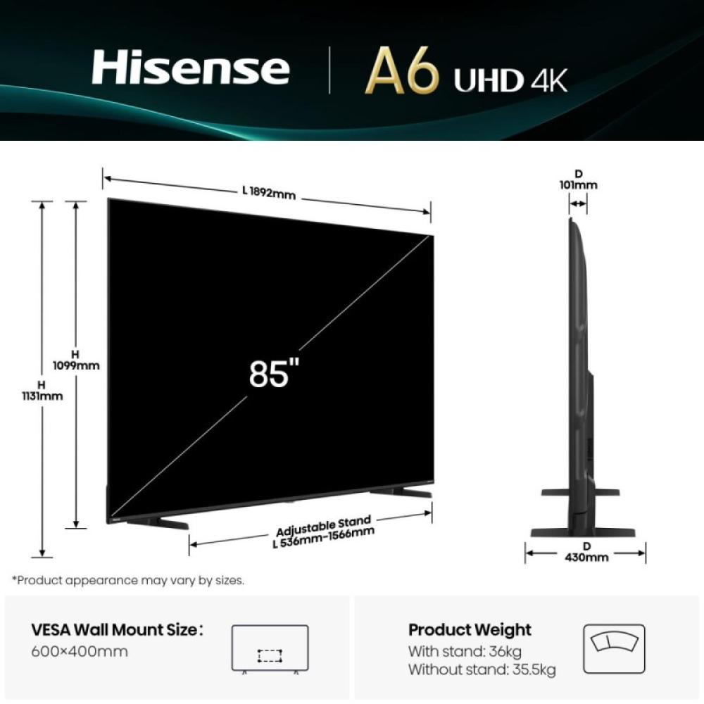 Hisense - 85A6Q Televisor 2,16 m (85") 4K Ultra HD Smart TV Wifi Negro 400 cd / m²