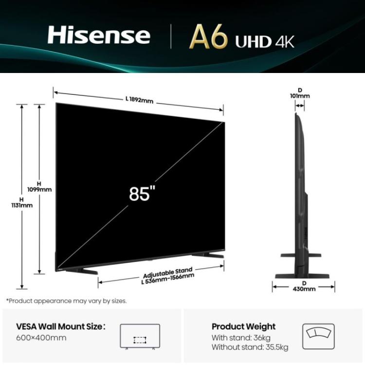 Hisense - 85A6Q Televisor 2,16 m (85") 4K Ultra HD Smart TV Wifi Negro 400 cd / m²