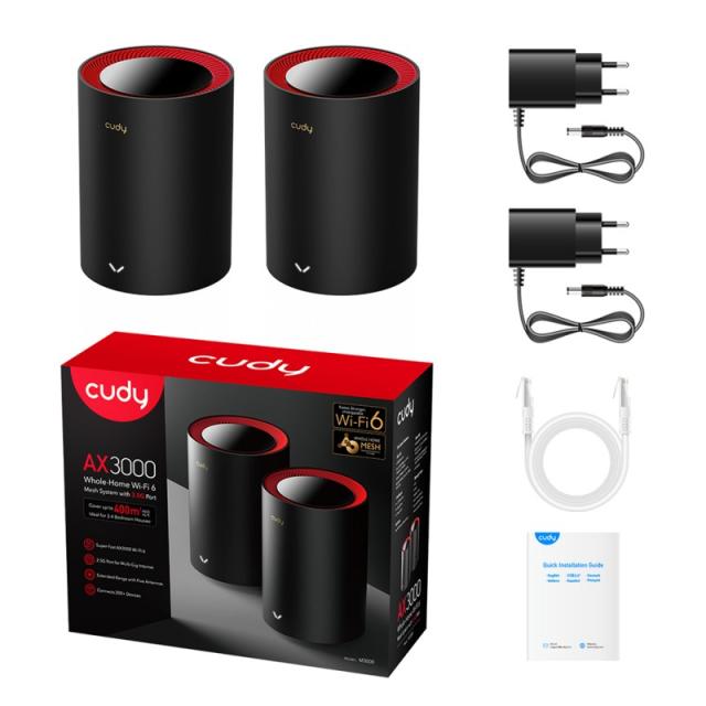 Cudy - M3000 2-Pack Doble banda (2,4 GHz / 5 GHz) Wi-Fi 6 (802.11ax) Negro, Rojo 1 Interno