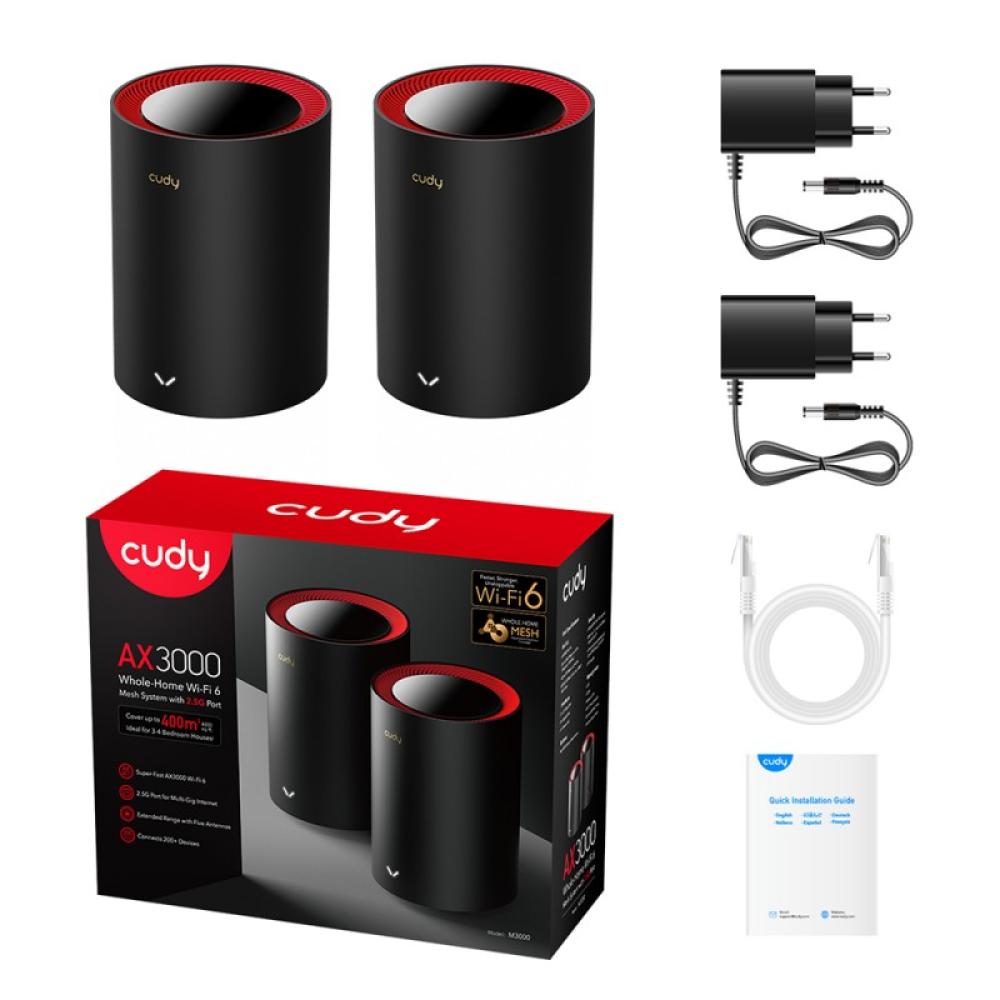 Cudy - M3000 2-Pack Doble banda (2,4 GHz / 5 GHz) Wi-Fi 6 (802.11ax) Negro, Rojo 1 Interno