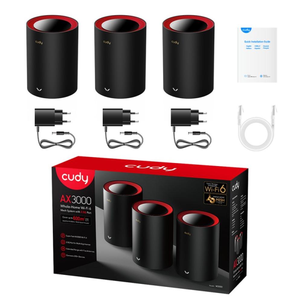 Cudy - M3000 3-Pack Doble banda (2,4 GHz / 5 GHz) Wi-Fi 6 (802.11ax) Negro, Rojo 1 Interno