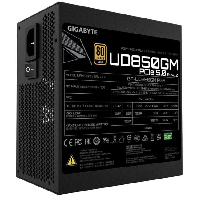 GIGABYTE - UD850GM PG5 V2 Fuente de Alimentación – PCIe Gen 5.1, 80 PLUS Gold, Diseño completamente modular, Ventilador de 120 m