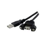 StarTech.com - Cable Alargador de 30cm USB 2.0 para Montar Empotrar en Panel - Extensor Macho a Hembra USB A - Negro