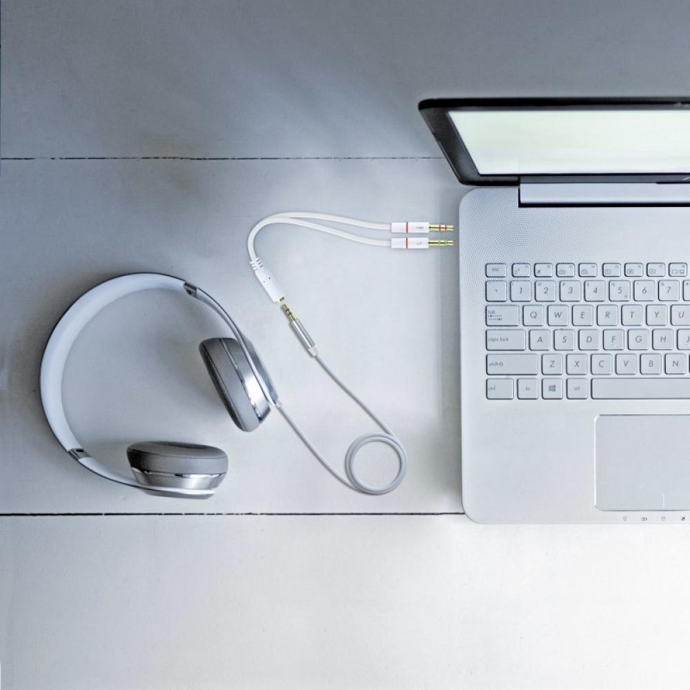 Nanocable - Cable Adaptador Audio Jack 3.5/H de 4 Pines a 2 Jack 3.5/M de 3 Pines, Blanco, 20 Cm