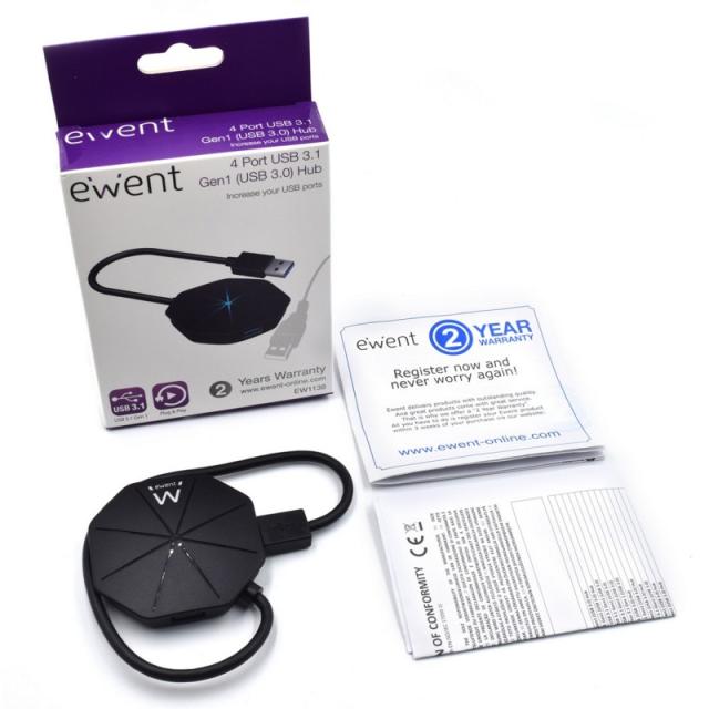 Ewent - EW1138 hub de interfaz USB 3.2 Gen 1 (3.1 Gen 1) Type-A 5000 Mbit/s Negro