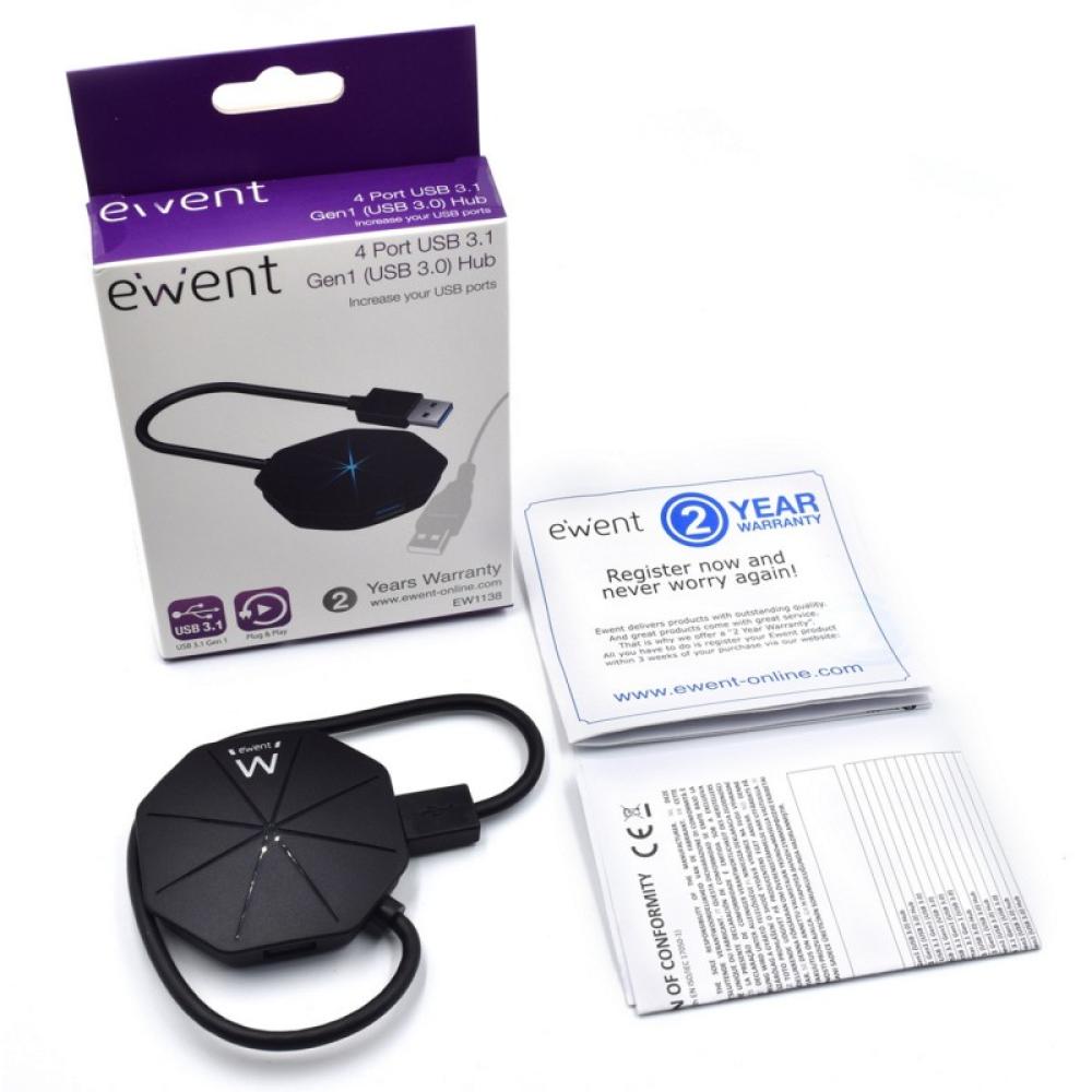 Ewent - EW1138 hub de interfaz USB 3.2 Gen 1 (3.1 Gen 1) Type-A 5000 Mbit/s Negro