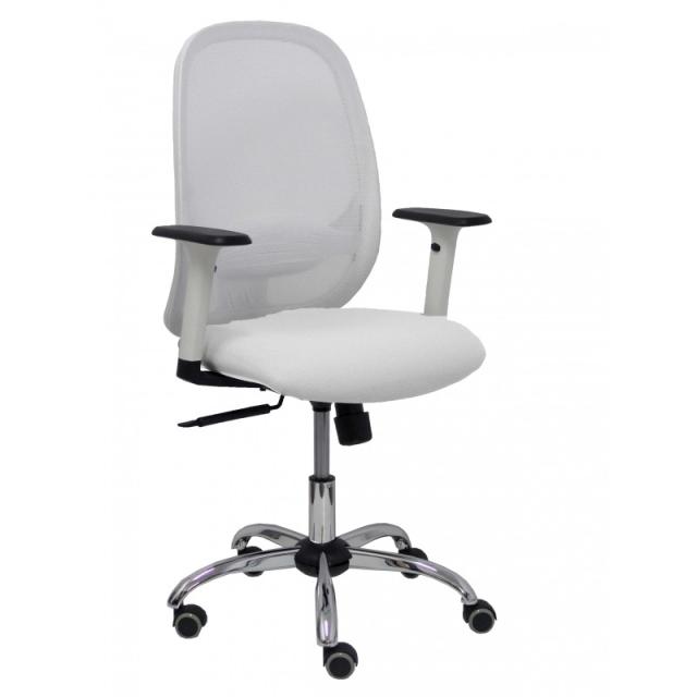 PIQUERAS Y CRESPO - Silla Cilanco blanca malla blanca asiento similpiel blanco brazo regulable base cromada ruedas de