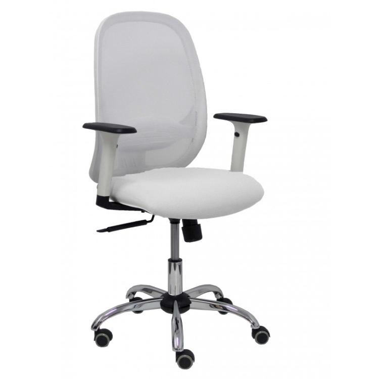 PIQUERAS Y CRESPO - Silla Cilanco blanca malla blanca asiento similpiel blanco brazo regulable base cromada ruedas de