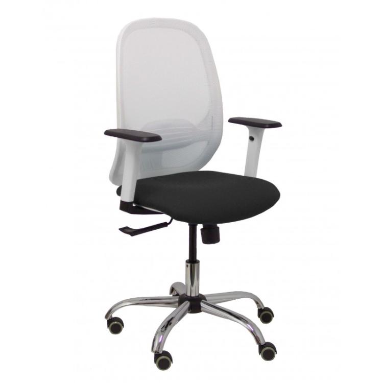 PIQUERAS Y CRESPO - Silla Cilanco blanca malla blanca asiento similpiel negro brazo regulable base cromada ruedas de