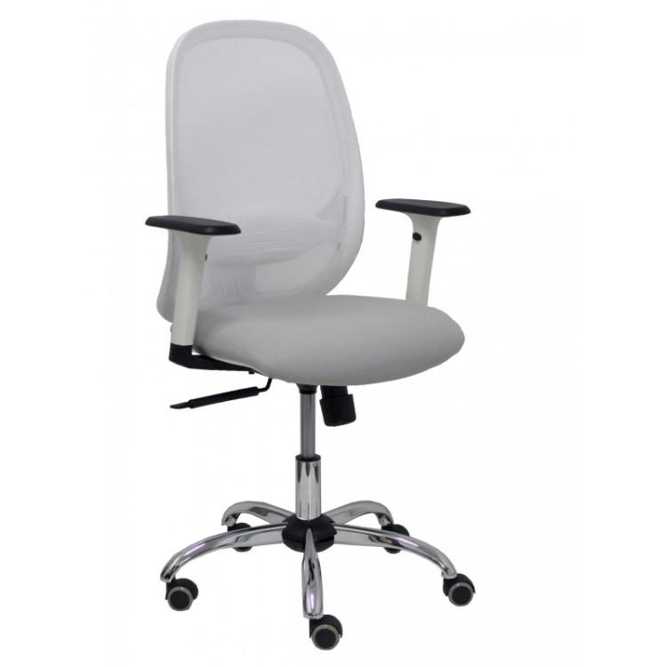 PIQUERAS Y CRESPO - Silla Cilanco blanca malla blanca asiento similpiel gris brazo regulable base cromada ruedas de