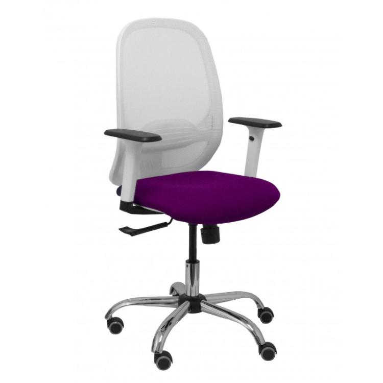PIQUERAS Y CRESPO - Silla Cilanco blanca malla blanca asiento bali morado brazo regulable base cromada ruedas de parqué