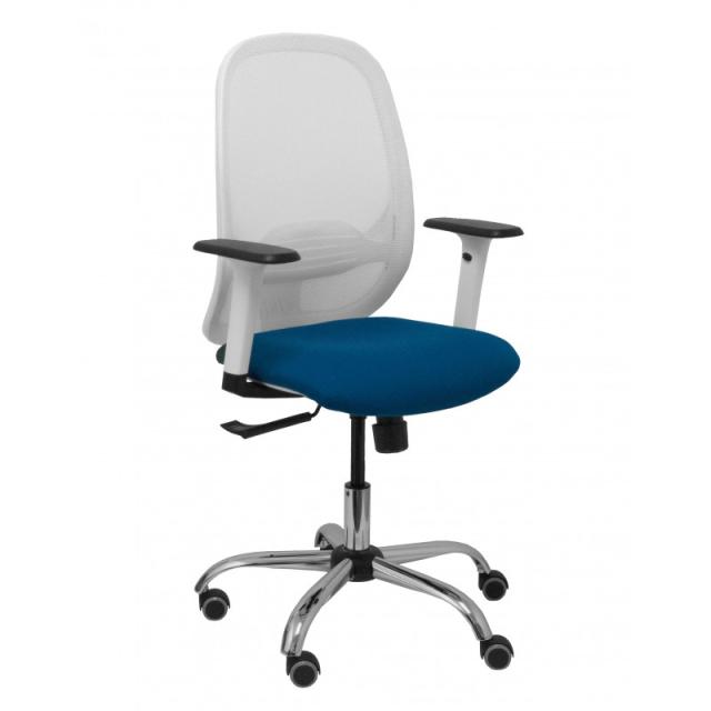 PIQUERAS Y CRESPO - Silla Cilanco blanca malla blanca asiento bali azul marino brazo regulable base cromada ruedas de parqué