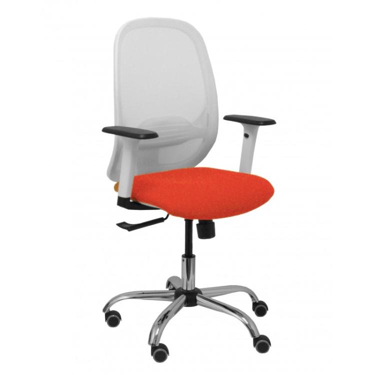 PIQUERAS Y CRESPO - Silla Cilanco blanca malla blanca asiento bali naranja oscuro brazo regulable base cromada ruedas de parqué