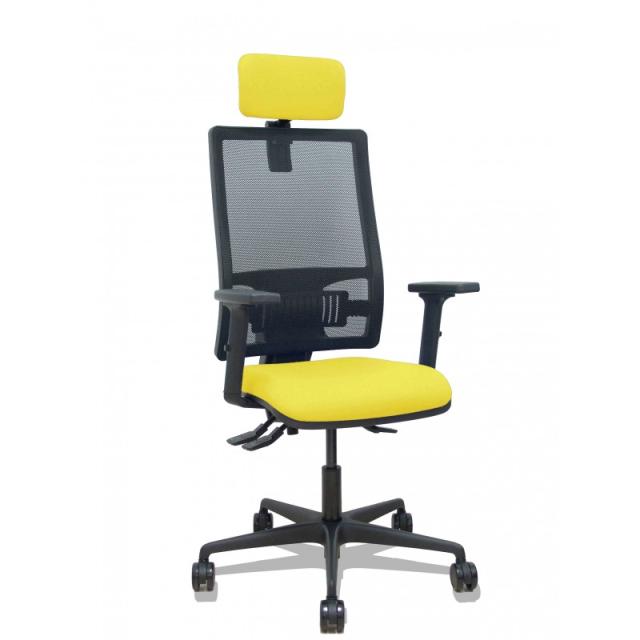 PIQUERAS Y CRESPO - Silla Bormate asincro malla negra asiento bali amarillo brazos 2D ruedas 65mm cabecero regulable