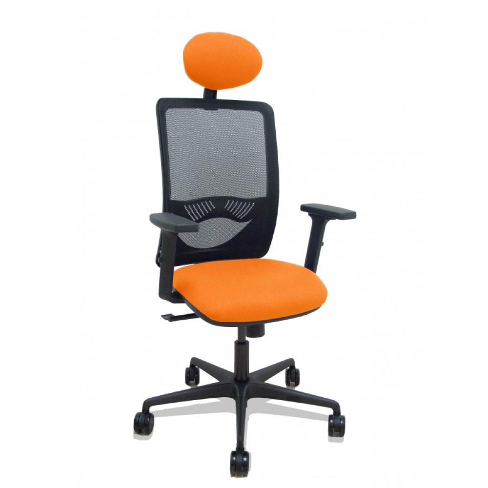 PIQUERAS Y CRESPO - Silla Zulema sincro malla negra asiento bali naranja brazos 2D ruedas 65mm cabecero