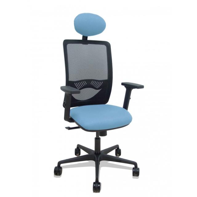 PIQUERAS Y CRESPO - Silla Zulema sincro malla negra asiento bali azul cielo brazos 2D ruedas 65mm cabecero
