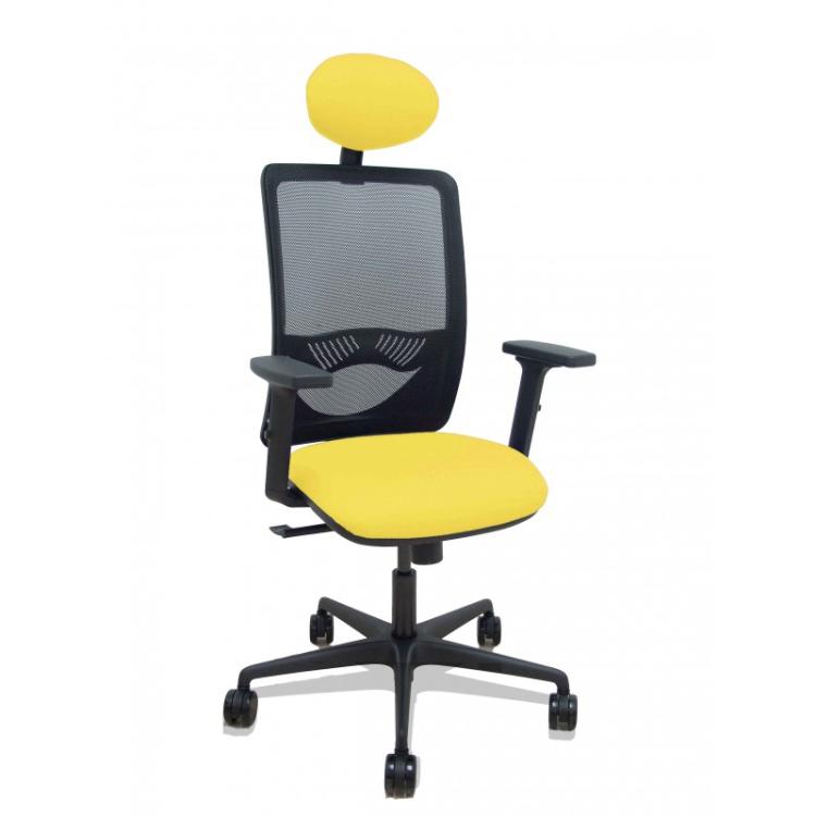 PIQUERAS Y CRESPO - Silla Zulema sincro malla negra asiento bali amarillo brazos 2D ruedas 65mm cabecero