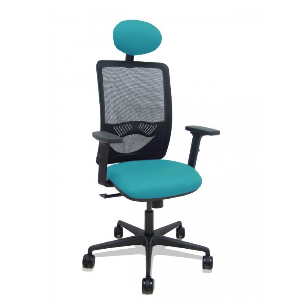 PIQUERAS Y CRESPO - Silla Zulema sincro malla negra asiento bali turquesa brazos 2D ruedas 65mm cabecero