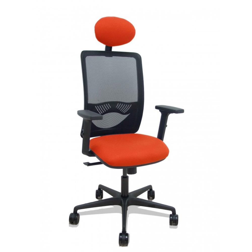 PIQUERAS Y CRESPO - Silla Zulema sincro malla negra asiento bali naranja oscuro brazos 2D ruedas 65mm cabecero