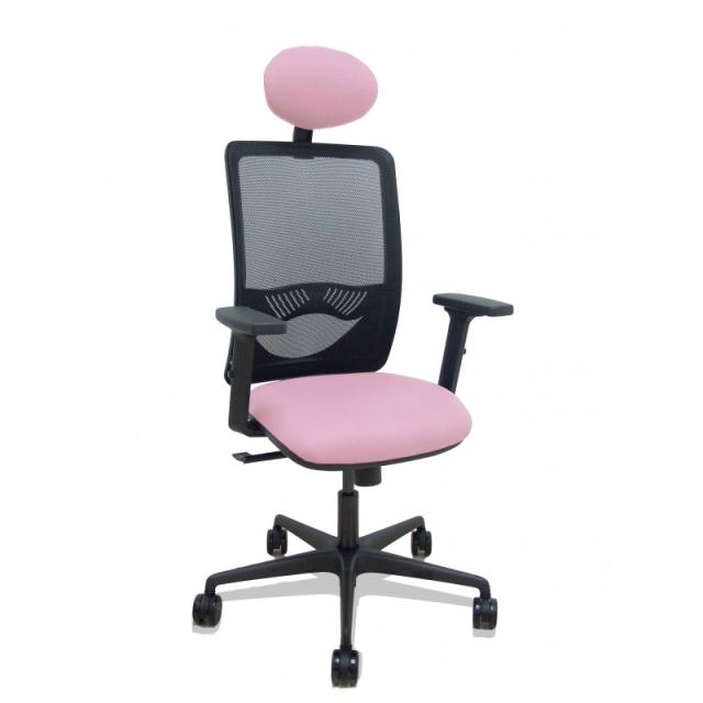 PIQUERAS Y CRESPO - Silla Zulema sincro malla negra asiento bali rosa brazos 2D ruedas 65mm cabecero
