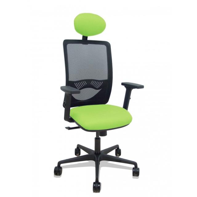 PIQUERAS Y CRESPO - Silla Zulema sincro malla negra asiento bali pistacho brazos 2D ruedas 65mm cabecero