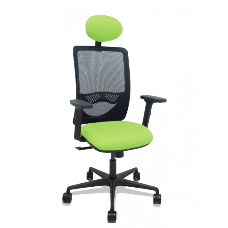 PIQUERAS Y CRESPO - Silla Zulema sincro malla negra asiento bali pistacho brazos 2D ruedas 65mm cabecero