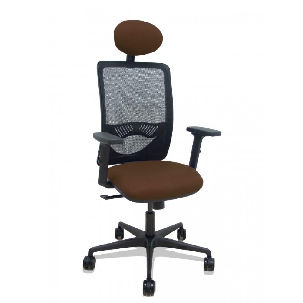 PIQUERAS Y CRESPO - Silla Zulema sincro malla negra asiento bali marrón oscuro brazos 2D ruedas 65mm cabecero