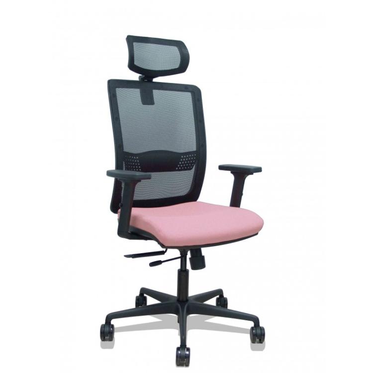 PIQUERAS Y CRESPO - Silla Haches traslack malla negra asiento bali rosa brazos 2D ruedas 65mm cabecero regulable