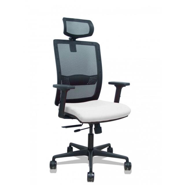 PIQUERAS Y CRESPO - Silla Haches traslack malla negra asiento bali blanco brazos 2D ruedas 65mm cabecero regulable