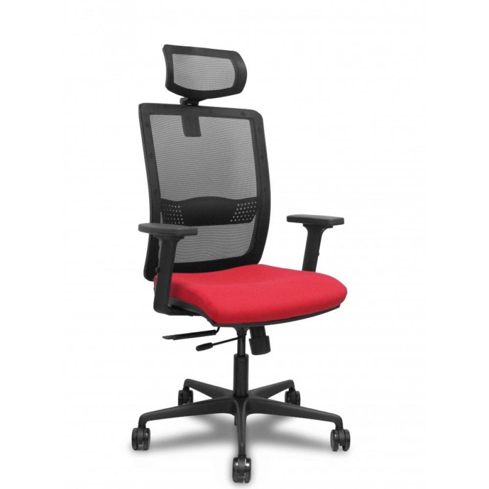 PIQUERAS Y CRESPO - Silla Haches traslack malla negra asiento bali rojo brazos 2D ruedas 65mm cabecero regulable
