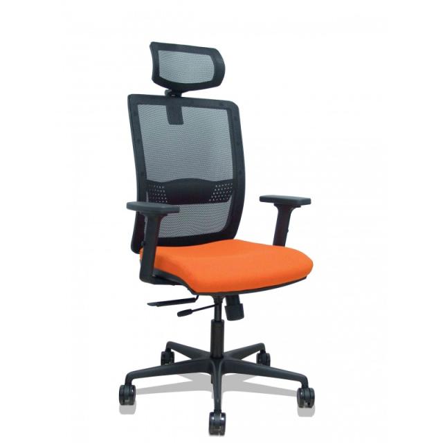 PIQUERAS Y CRESPO - Silla Haches traslack malla negra asiento bali naranja brazos 2D ruedas 65mm cabecero regulable