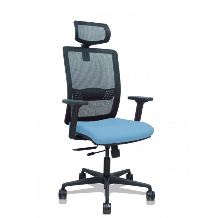 PIQUERAS Y CRESPO - Silla Haches traslack malla negra asiento bali azul cielo brazos 2D ruedas 65mm cabecero regulable