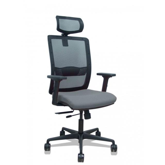 PIQUERAS Y CRESPO - Silla Haches traslack malla negra asiento bali gris brazos 2D ruedas 65mm cabecero regulable