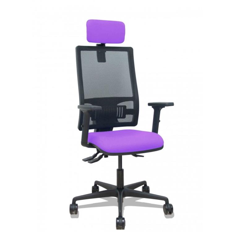 PIQUERAS Y CRESPO - Silla Bormate asincro malla negra asiento bali lila brazos 2D ruedas 65mm cabecero regulable