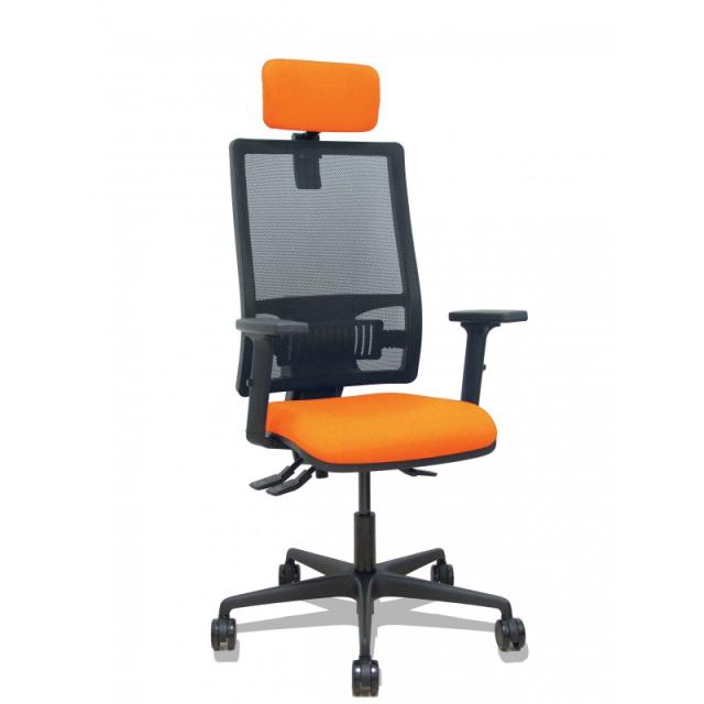 PIQUERAS Y CRESPO - Silla Bormate asincro malla negra asiento bali naranja brazos 2D ruedas 65mm cabecero regulable