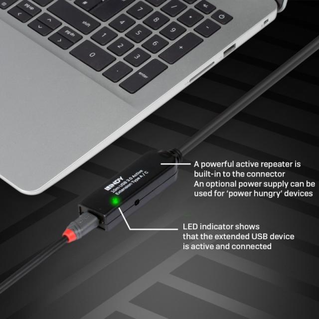 Lindy - 43376 cable USB USB 3.2 Gen 1 (3.1 Gen 1) 10 m USB A USB C Negro