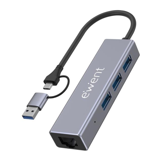 Ewent - EW1159 hub de interfaz USB 3.2 Gen 1 (3.1 Gen 1) Type-A + Type-C 5000 Mbit/s Gris