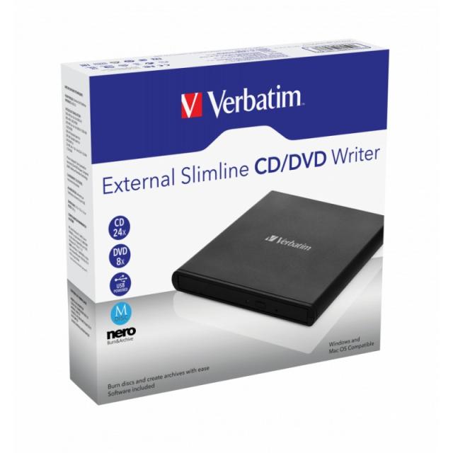 Verbatim - External Slimline CD/DVD Writer unidad de disco óptico DVD±RW Negro
