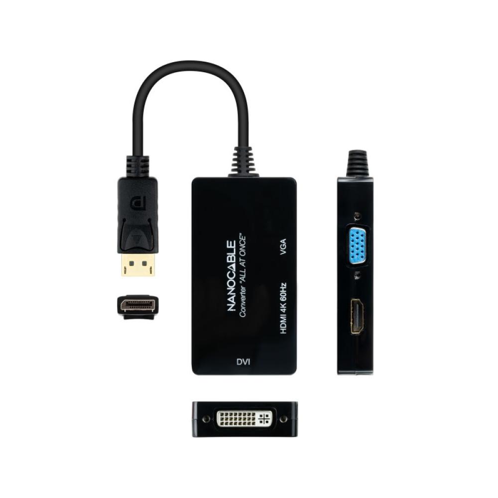 Nanocable - Conversor DISPLAYPORT a HDMI/DVI/VGA, 20 cm, Negro