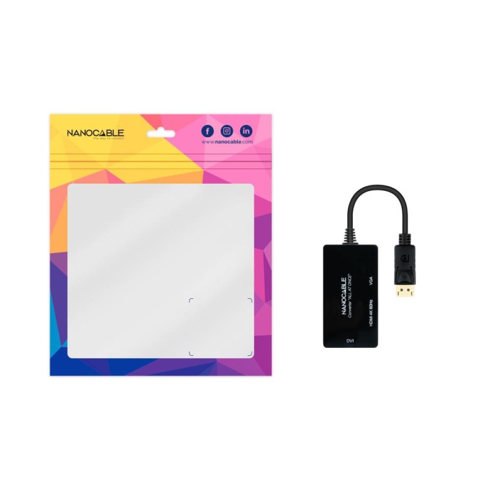 Nanocable - Conversor DISPLAYPORT a HDMI/DVI/VGA, 20 cm, Negro