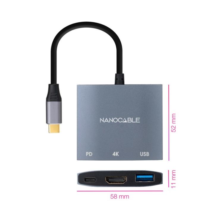 Nanocable - Conversor USB-C a HDMI/USB3.0/USB-C PD, 15 cm, Gris