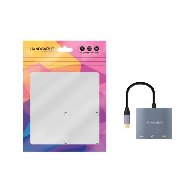 Nanocable - Conversor USB-C a HDMI/USB3.0/USB-C PD, 15 cm, Gris