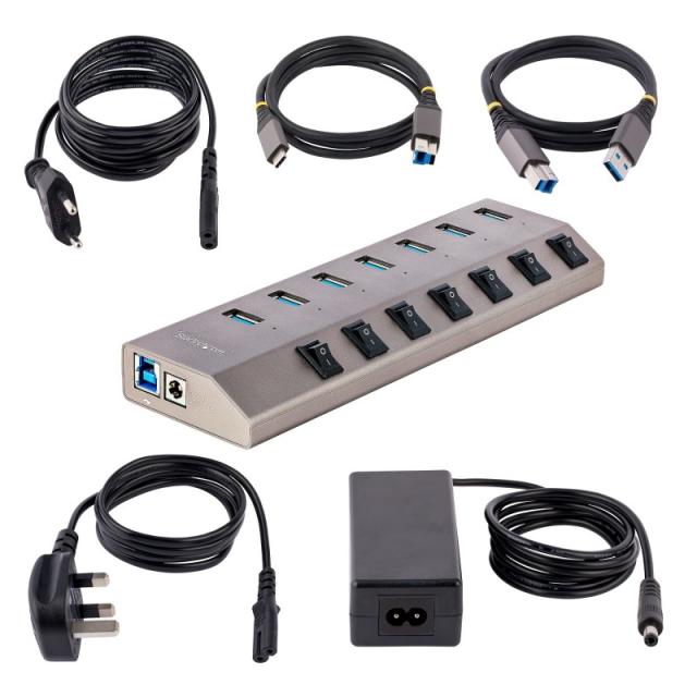 StarTech.com - Hub USB-C Autoalimentado de 7 puertos con Interruptores Individuales - Concentrador USB 3.0 a 5 Gbps con Fuente d