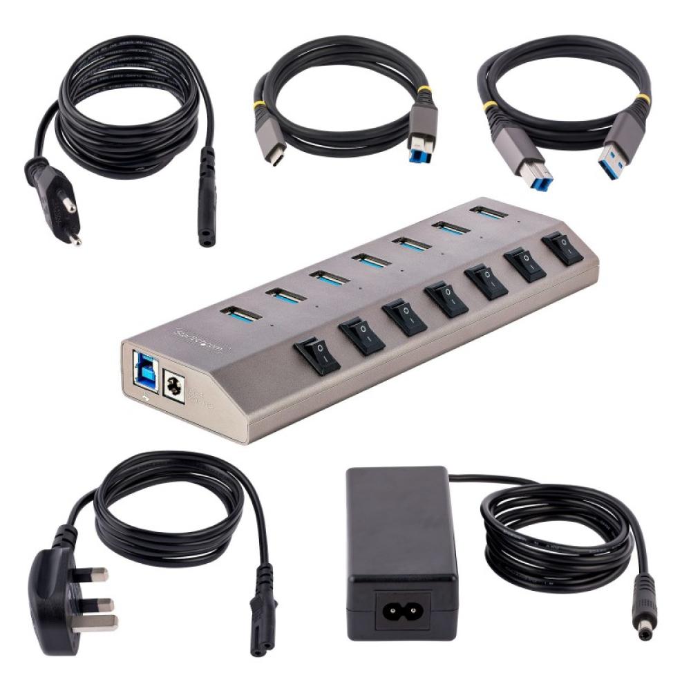StarTech.com - Hub USB-C Autoalimentado de 7 puertos con Interruptores Individuales - Concentrador USB 3.0 a 5 Gbps con Fuente d