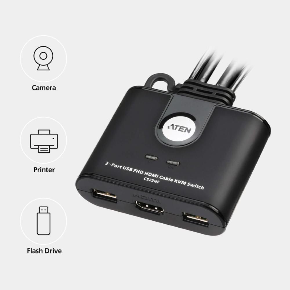 ATEN - Switch KVM USB FHD HDMI de 2 puertos en formato cable