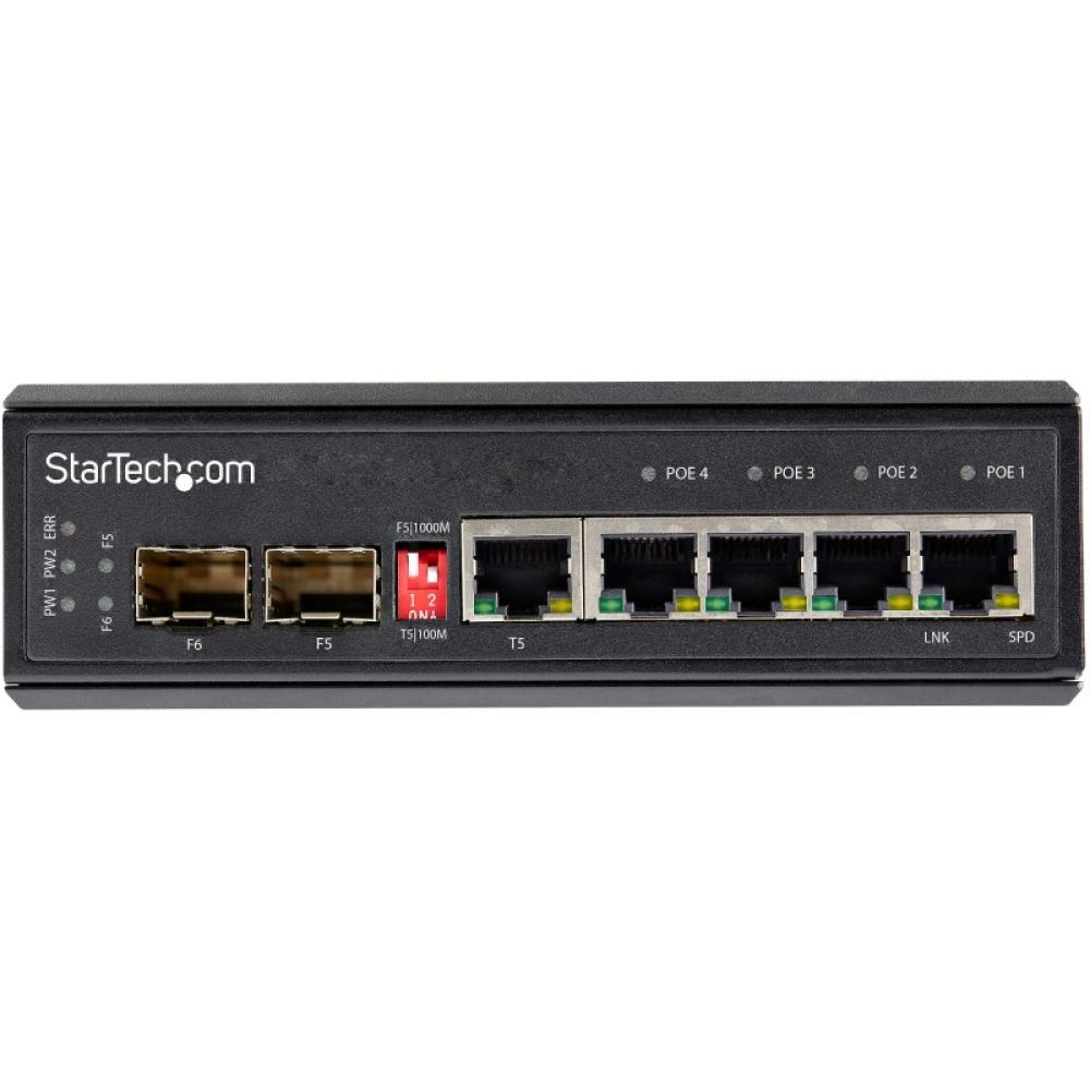 StarTech.com - Switch Conmutador Industrial Ethernet Gigabit 6 Puertos - 4x RJ45 PoE - 2 Ranuras SFP PoE+ de 30W 12-48VDC DIN (I