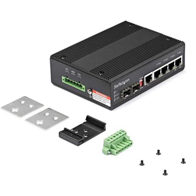 StarTech.com - Switch Conmutador Industrial Ethernet Gigabit 6 Puertos - 4x RJ45 PoE - 2 Ranuras SFP PoE+ de 30W 12-48VDC DIN (I