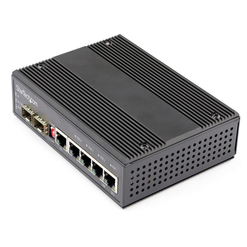StarTech.com - Switch Conmutador Industrial Ethernet Gigabit 6 Puertos - 4x RJ45 PoE - 2 Ranuras SFP PoE+ de 30W 12-48VDC DIN (I