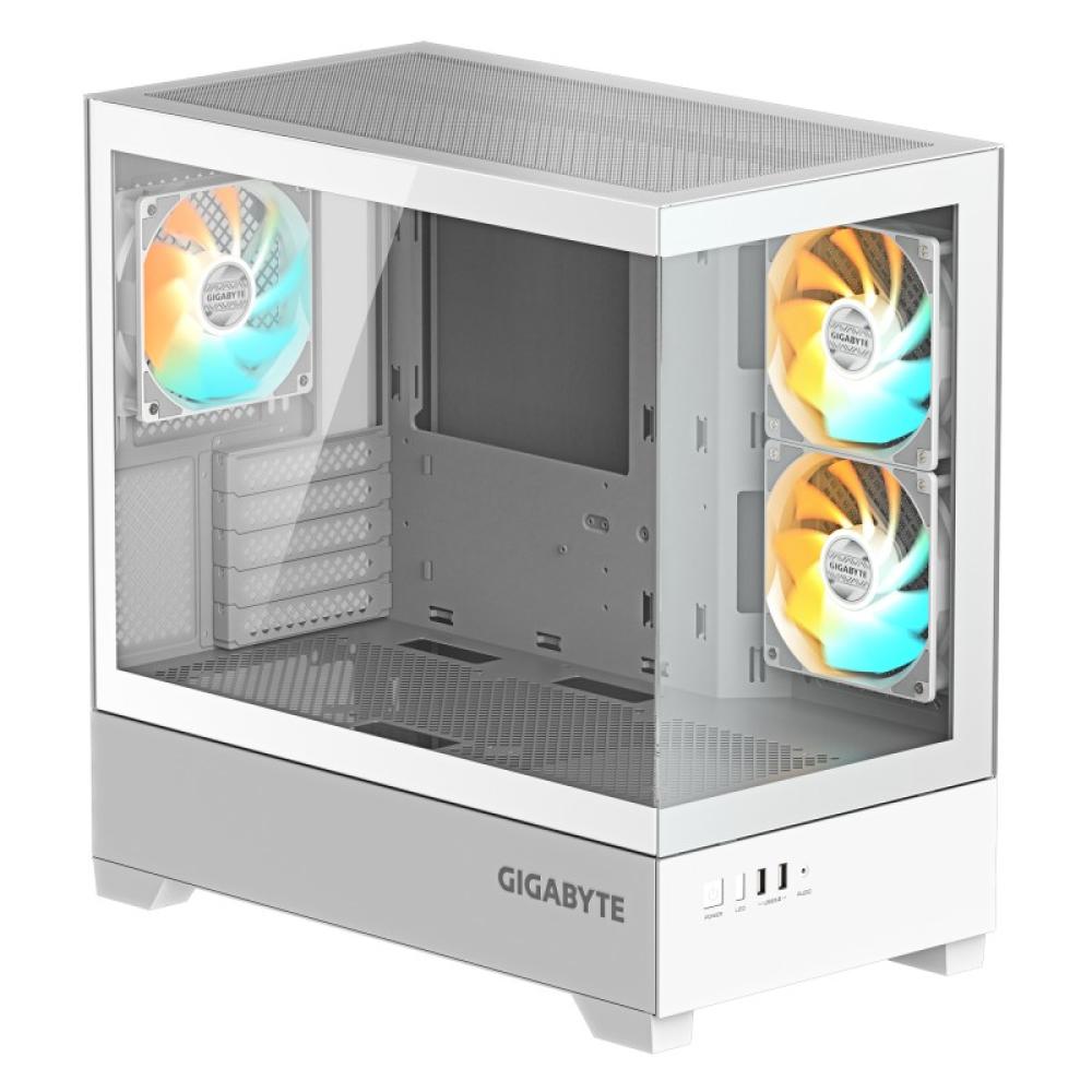 GIGABYTE - C201 PANORAMIC ICE Caja para PC – Torre media, m-ATX, compatible con radiador de 360 mm, 3 ventiladores preinstalados