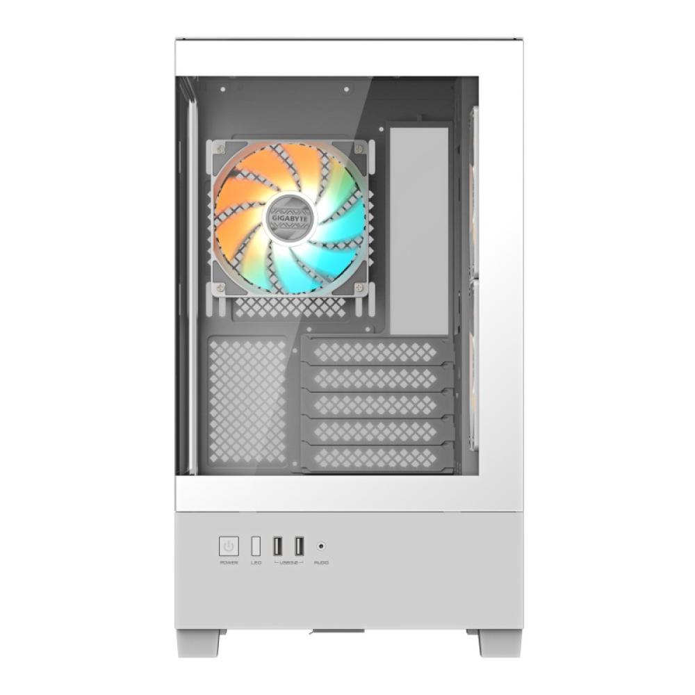 GIGABYTE - C201 PANORAMIC ICE Caja para PC – Torre media, m-ATX, compatible con radiador de 360 mm, 3 ventiladores preinstalados